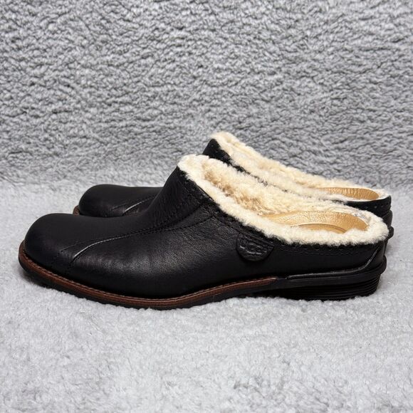 UGG Langford Womens Size 6 Mule Clogs Shoes Black Leather Sheepskin Lined - Picture 3 of 9